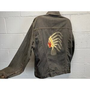 Vtg 70s Chief Head Black Denim Jacket Mr. Leggs Painted Beaded Western Large